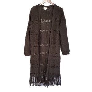 Sun and Shadow Long Open Cardigan Sweater with Fringe